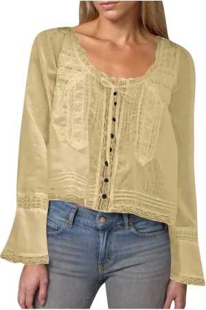 Cute Boho Lace Trim Shirts Women Summer Button Down Beach Crop Tops Casual Long Sleeve Tie Front Neck Y2k Clothes