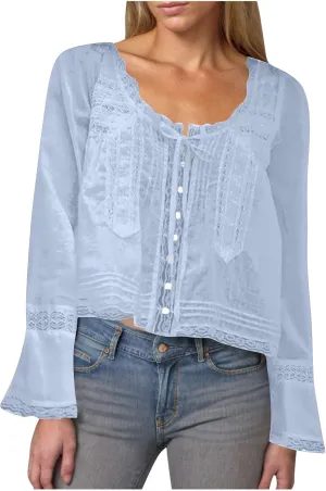 Cute Boho Lace Trim Shirts Women Summer Button Down Beach Crop Tops Casual Long Sleeve Tie Front Neck Y2k Clothes