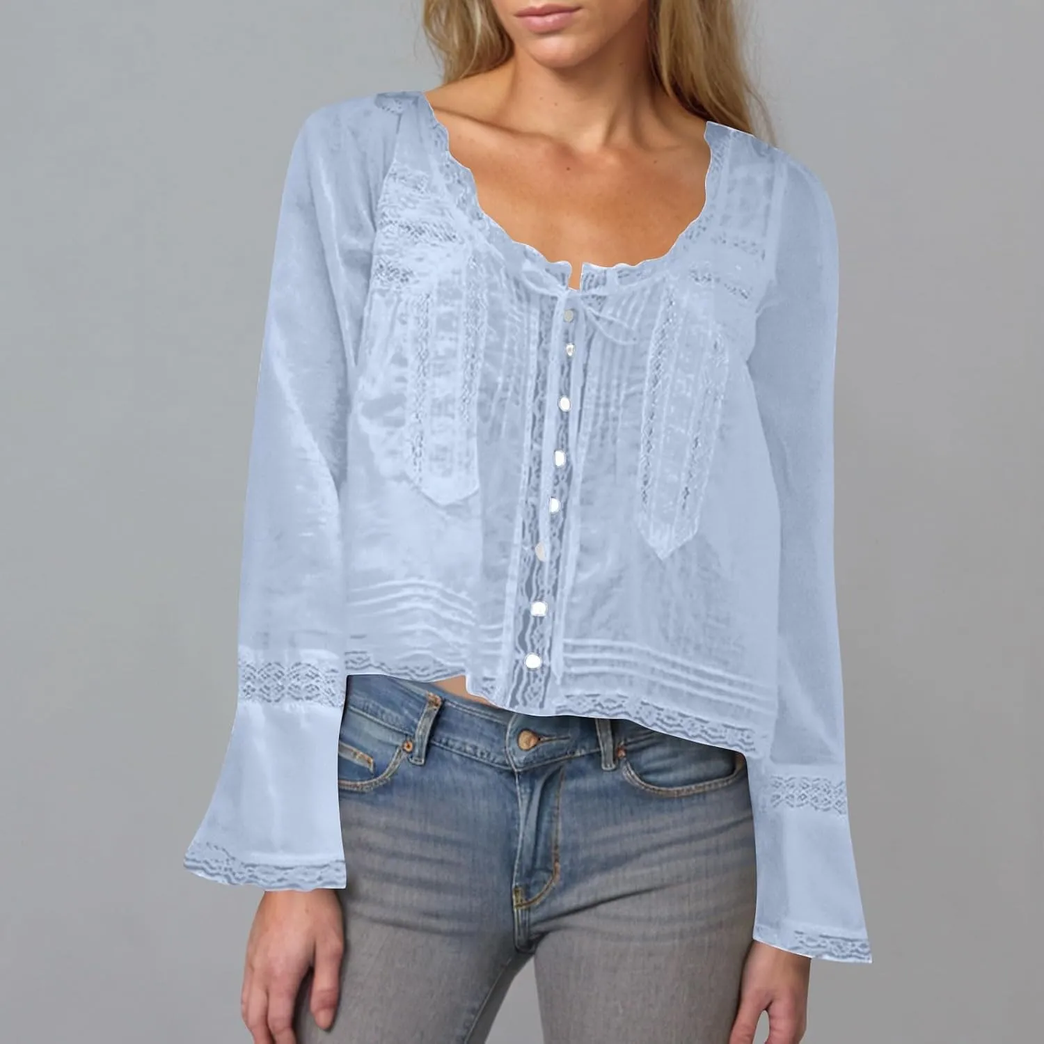 Cute Boho Lace Trim Shirts Women Summer Button Down Beach Crop Tops Casual Long Sleeve Tie Front Neck Y2k Clothes