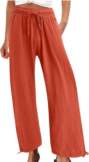 DASAYO Linen Pants Fcor Women Summer Drawstring Elastic Waist Casual Trousers with Pockets Loose Fit Wide Leg Beach Pants