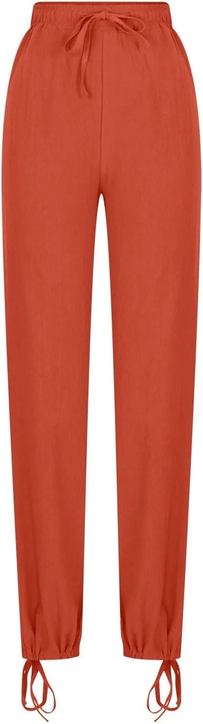 DASAYO Linen Pants Fcor Women Summer Drawstring Elastic Waist Casual Trousers with Pockets Loose Fit Wide Leg Beach Pants