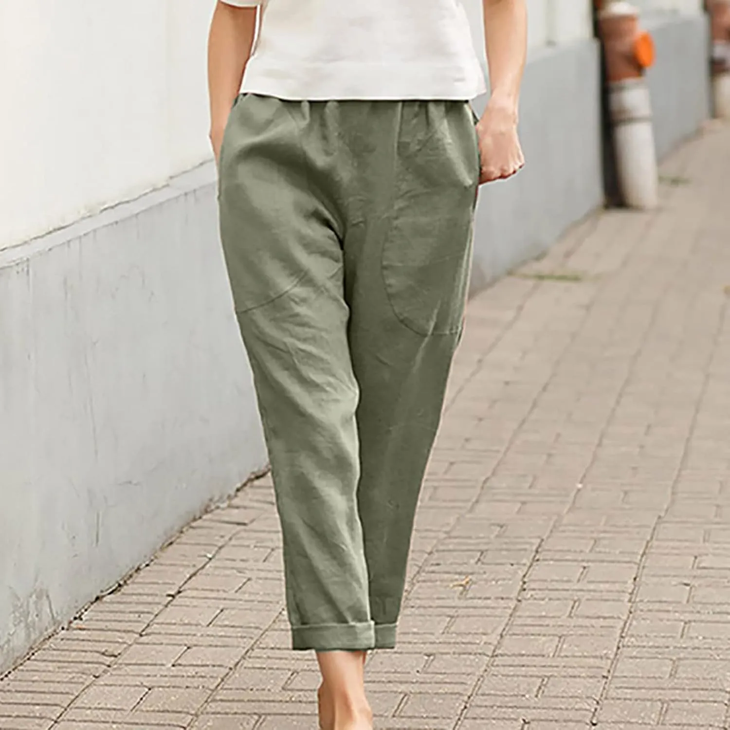 DASAYO Womens Linen Pants Elastic Wasit Straight Leg Casual Pants Ladies Loose Fit Comfy Trousers with Pockets Summer Fashion