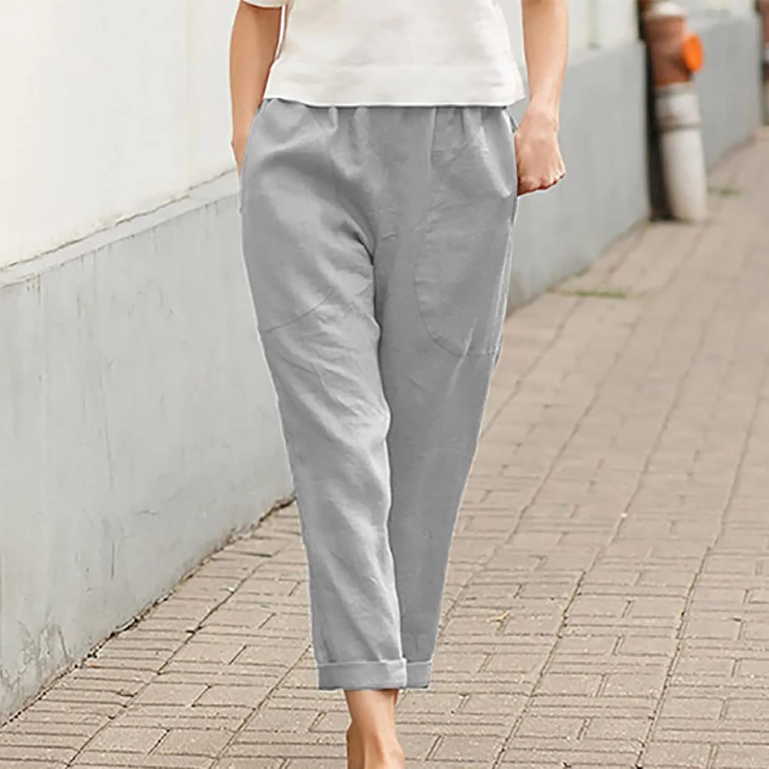 DASAYO Womens Linen Pants Elastic Wasit Straight Leg Casual Pants Ladies Loose Fit Comfy Trousers with Pockets Summer Fashion