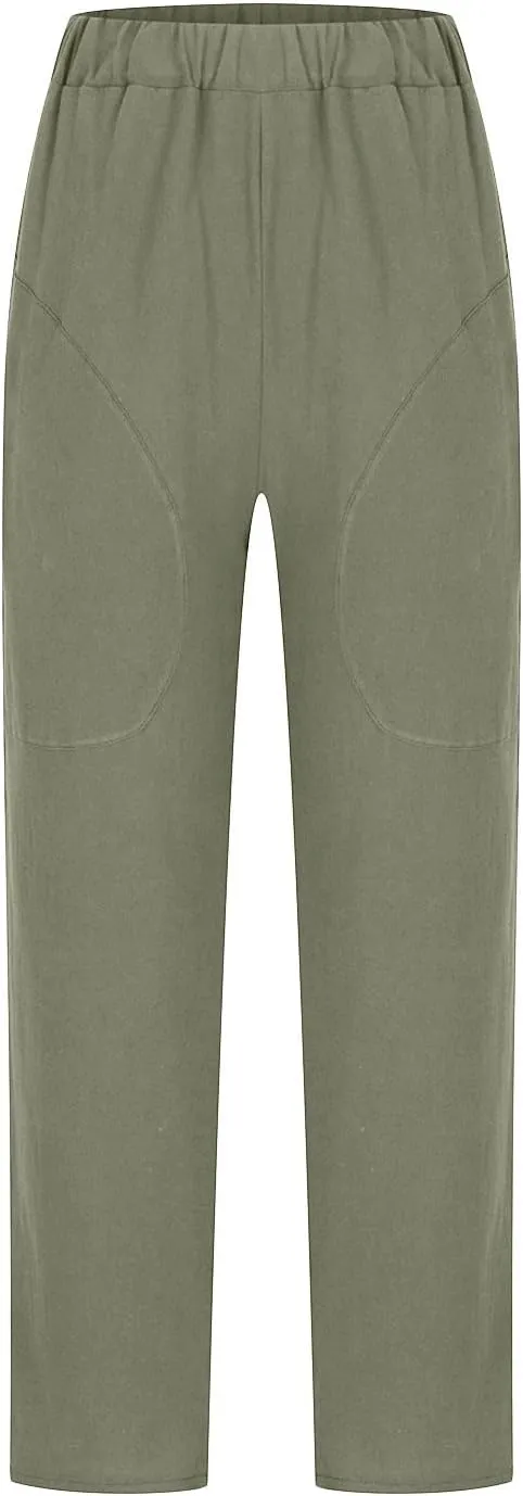 DASAYO Womens Linen Pants Elastic Wasit Straight Leg Casual Pants Ladies Loose Fit Comfy Trousers with Pockets Summer Fashion