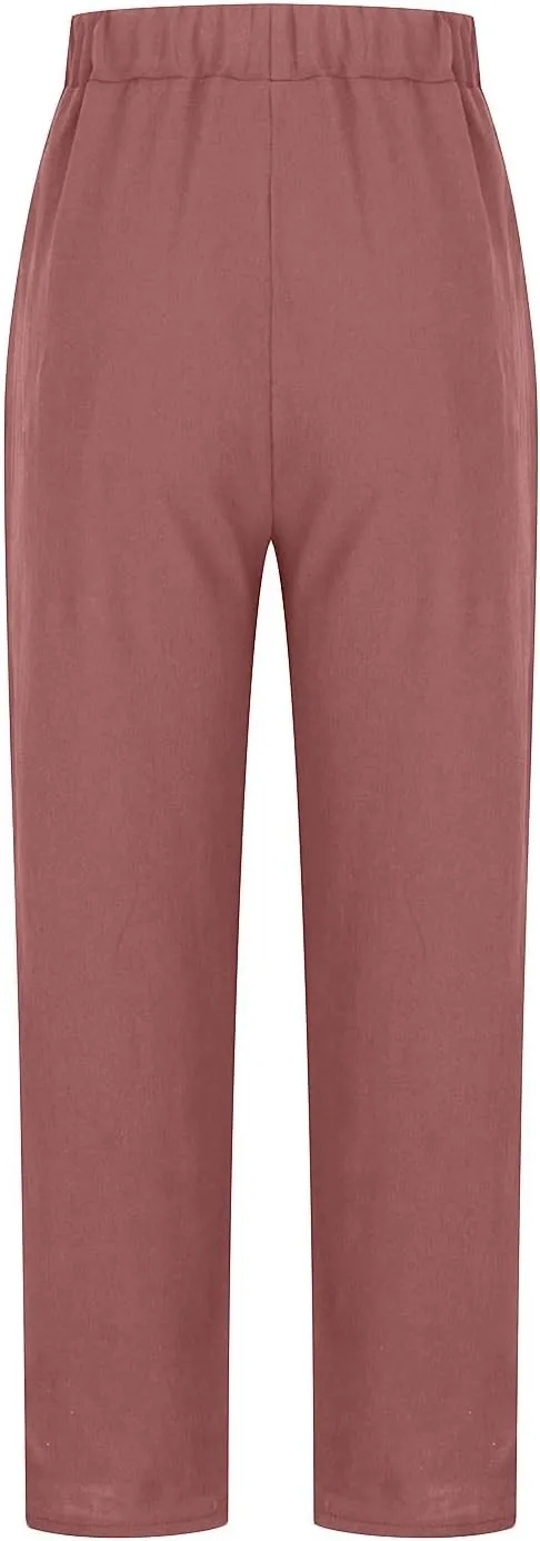 DASAYO Womens Linen Pants Elastic Wasit Straight Leg Casual Pants Ladies Loose Fit Comfy Trousers with Pockets Summer Fashion