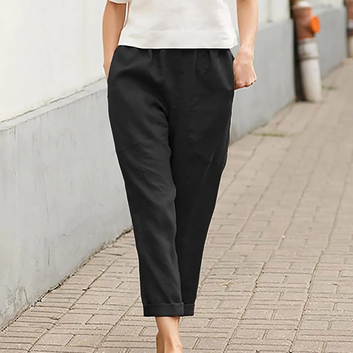 DASAYO Womens Linen Pants Elastic Wasit Straight Leg Casual Pants Ladies Loose Fit Comfy Trousers with Pockets Summer Fashion