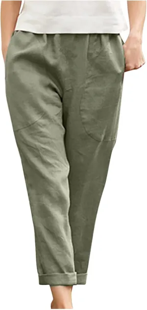 DASAYO Womens Linen Pants Elastic Wasit Straight Leg Casual Pants Ladies Loose Fit Comfy Trousers with Pockets Summer Fashion
