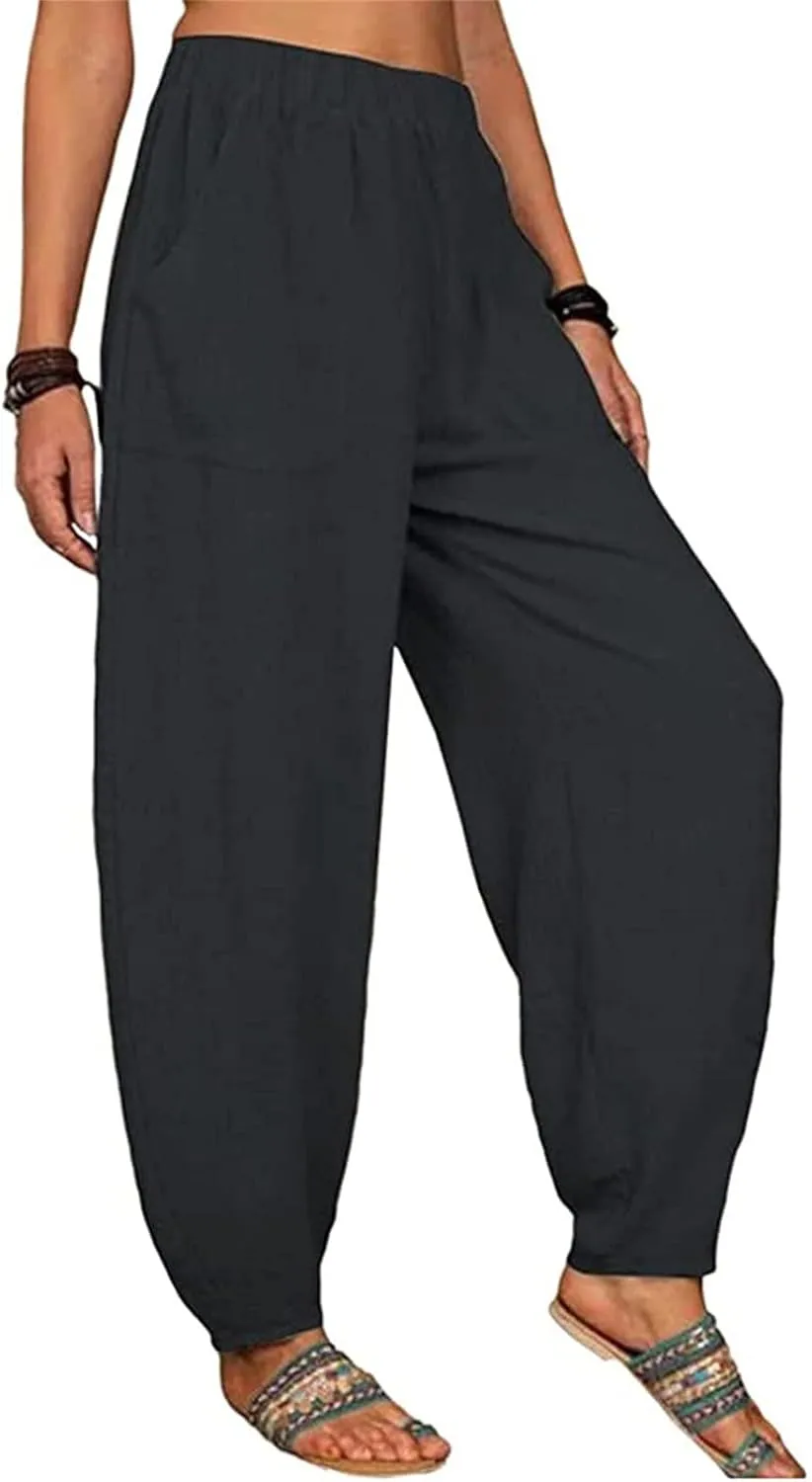 DGHM-JLMY Women's Loose Cotton Linen Harem Pants Fashion Solid Baggy Casual Pants High Waist Yoga Boho Trousers with Pockets