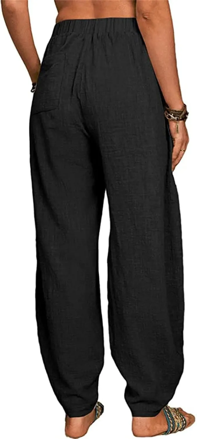 DGHM-JLMY Women's Loose Cotton Linen Harem Pants Fashion Solid Baggy Casual Pants High Waist Yoga Boho Trousers with Pockets
