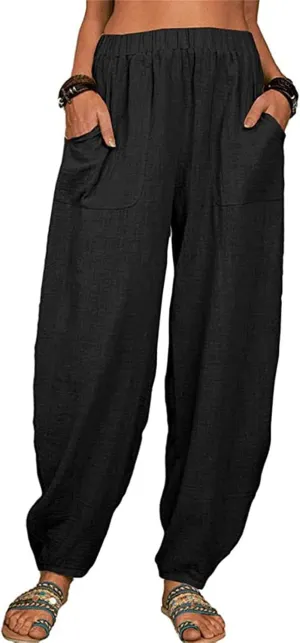 DGHM-JLMY Women's Loose Cotton Linen Harem Pants Fashion Solid Baggy Casual Pants High Waist Yoga Boho Trousers with Pockets