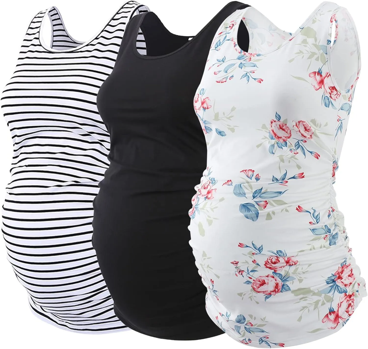 Ecavus 3PCS Womens Layering Maternity Tank Top Pregnancy Shirt Scoop Neck Sleeveless Ruched Vest