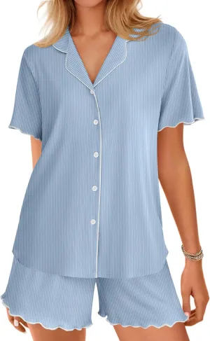Ekouaer Button Up Pajamas Set for Women Short Sleeve Ribbed Knit Sleepwear 2 Piece Pjs Shorts Set