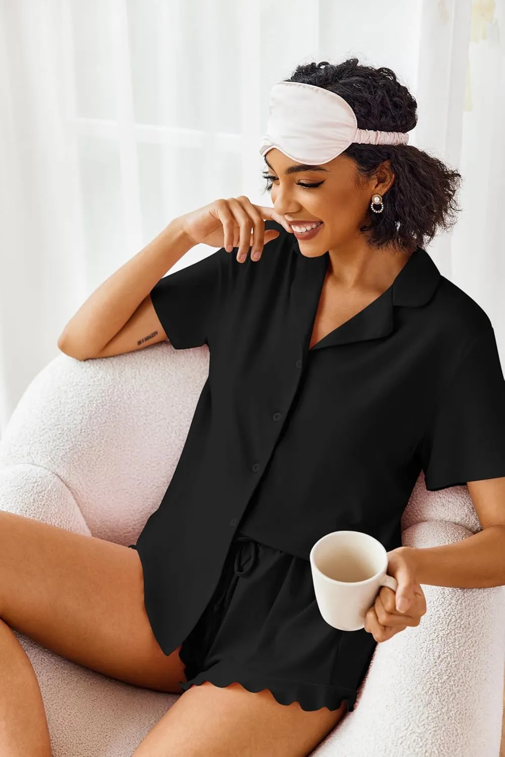 Ekouaer Pajamas Set for Women Short Sleeve Sleepwear Button Down Pjs Lounge Sets Soft Nightwear