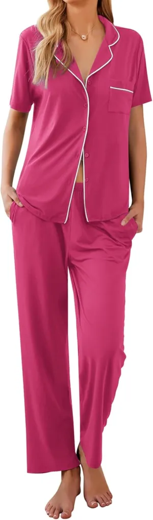 Ekouaer Women Pajamas Set Button Down Sleepwear Short Sleeve Nightwear with Long Pants Soft Pjs Set S-XXL