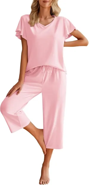 Ekouaer Womens Cotton Pajamas Sets Short Sleeve Tops and Capri Pants Sleepwear Loungewear with Pockets