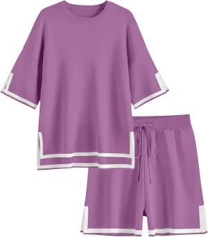 Ekouaer Womens Knit Lounge Set 2 Piece Sweater Sets Short Sleeve Sweatsuit Pullover Tops