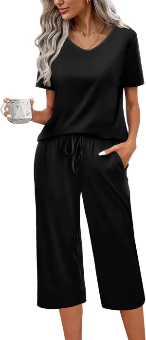 Ekouaer Womens Pajama Set 2 Piece Cotton Pj Short Sleeve Sleepwear Top with Capri Pants Print Nightwear