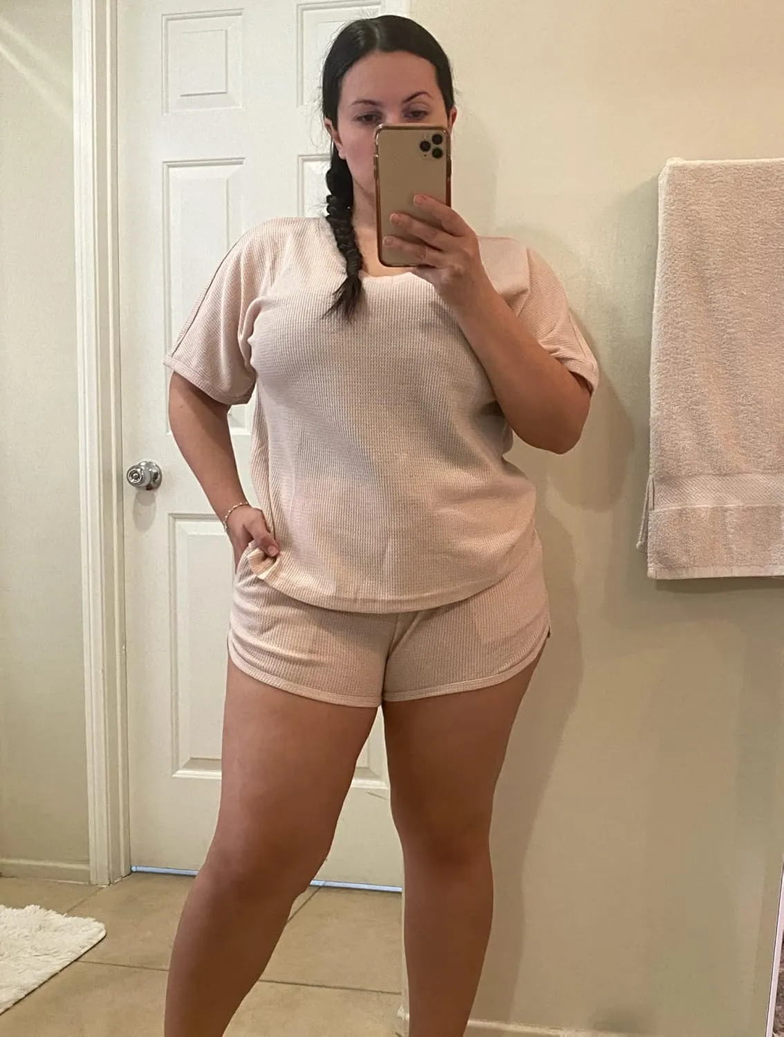 Ekouaer Womens Waffle Knit Pajama Set Short Sleeve Top and Pant with Pockets Casual Loungewear 2 Piece Outfits