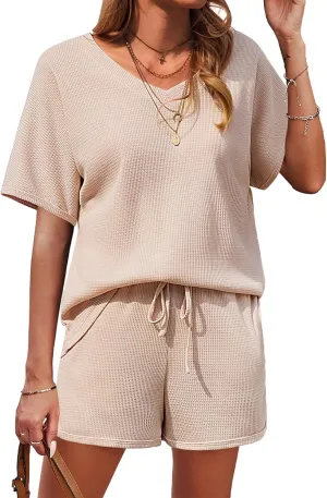 Ekouaer Womens Waffle Knit Pajama Set Short Sleeve Top and Pant with Pockets Casual Loungewear 2 Piece Outfits