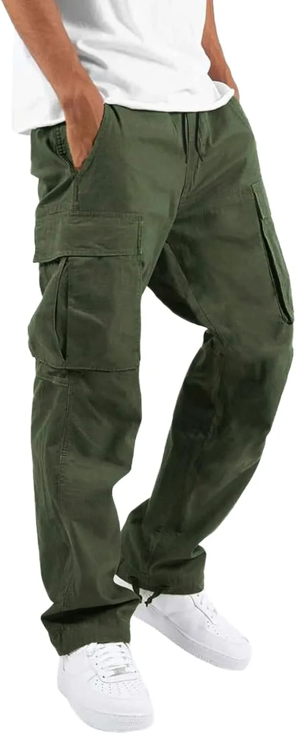 Elastic Waist Cargo Pants for Men Relaxed Fit Tactical Hiking Pants Casual Work Trousers Drawstring Travel Pants