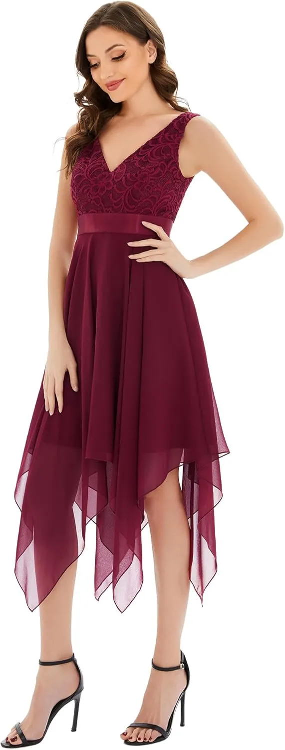 Ever-Pretty Women's Vintage V Neck Irregular Hem Lace A Line Chiffon Cocktail Dresses 00207