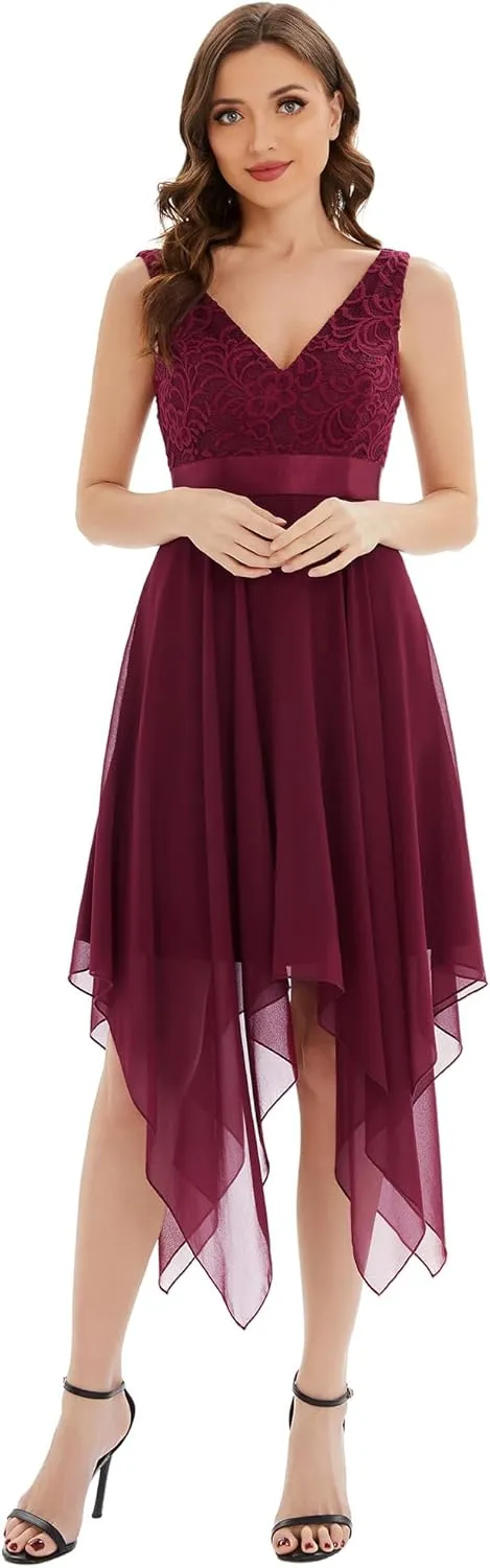 Ever-Pretty Women's Vintage V Neck Irregular Hem Lace A Line Chiffon Cocktail Dresses 00207