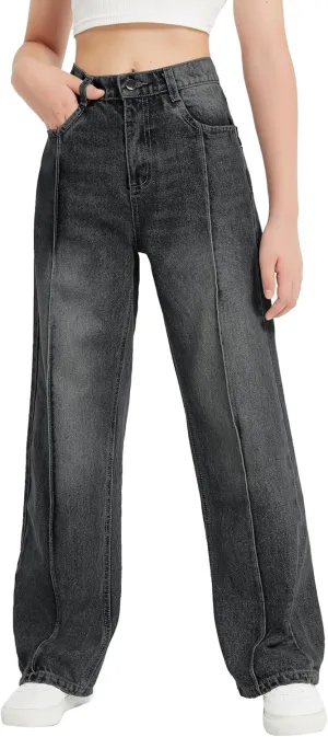EXARUS Girls Jeans Wide Leg Cute Baggy Teen Denim Pants Mid Rise Elastic Band with Pockets Casual