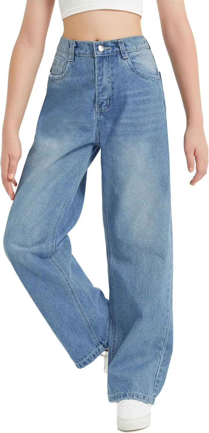 EXARUS Girls Jeans Wide Leg Cute Baggy Teen Denim Pants Mid Rise Elastic Band with Pockets Casual