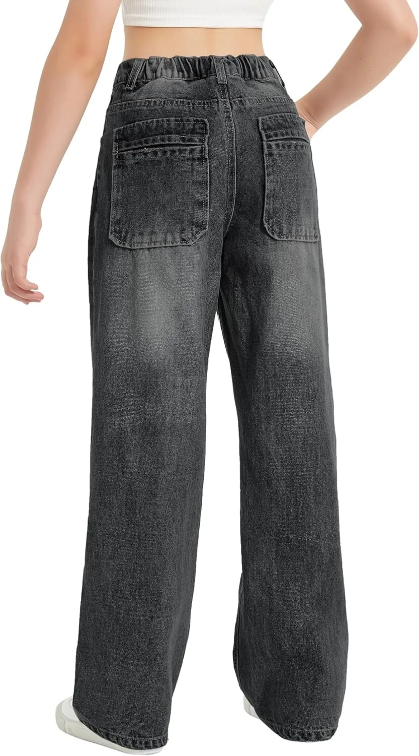 EXARUS Girls Jeans Wide Leg Cute Baggy Teen Denim Pants Mid Rise Elastic Band with Pockets Casual