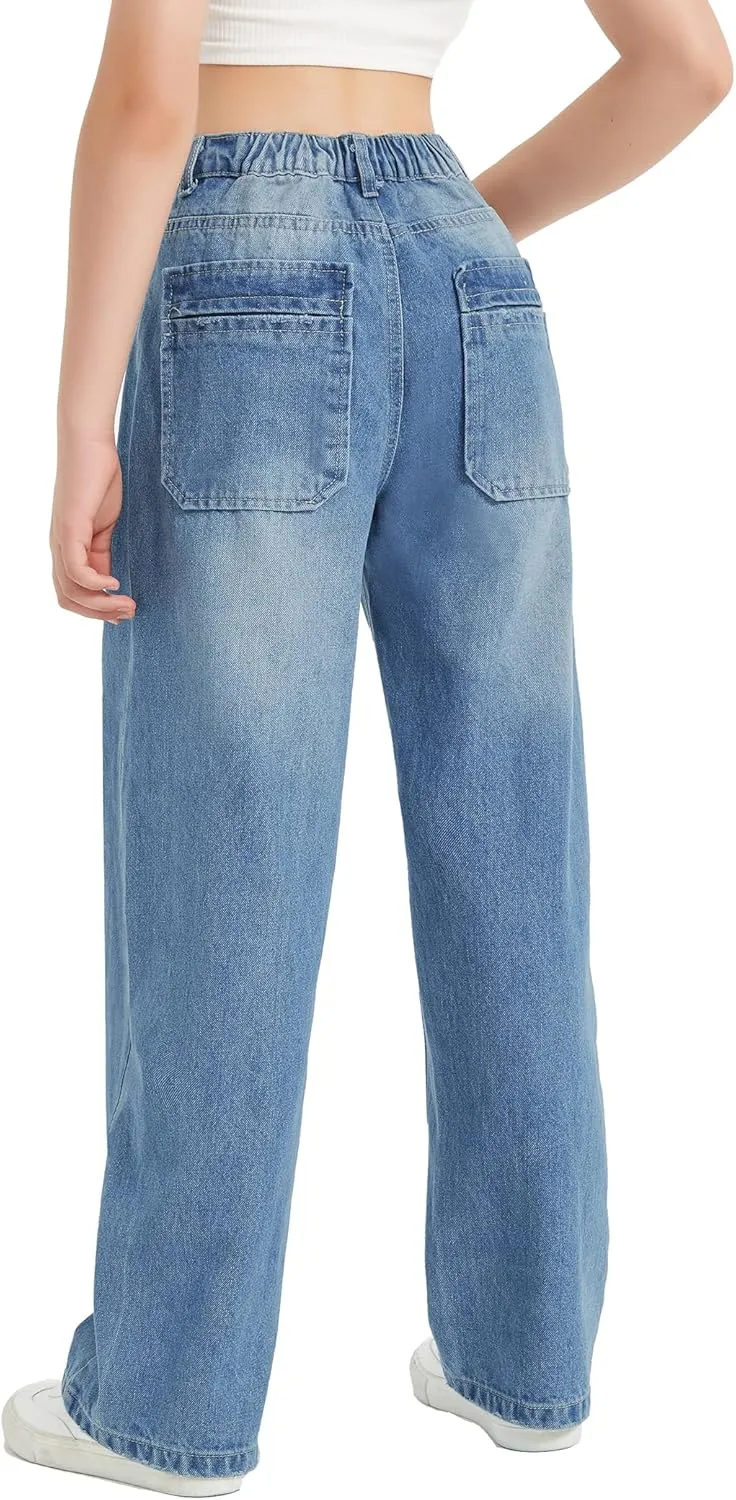 EXARUS Girls Jeans Wide Leg Cute Baggy Teen Denim Pants Mid Rise Elastic Band with Pockets Casual