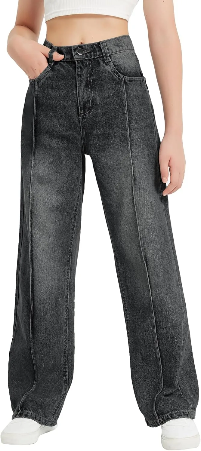 EXARUS Girls Jeans Wide Leg Cute Baggy Teen Denim Pants Mid Rise Elastic Band with Pockets Casual
