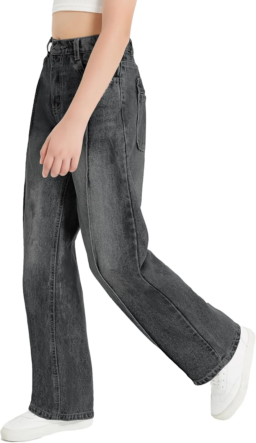 EXARUS Girls Jeans Wide Leg Cute Baggy Teen Denim Pants Mid Rise Elastic Band with Pockets Casual