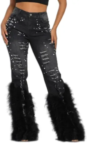 Famnbro Women's Stretch Fluffy Feather Ripped Jeans Pearl Straight Leg Denim Pants High Waisted Jeans