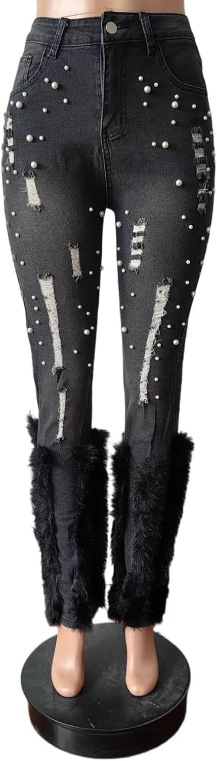 Famnbro Women's Stretch Fluffy Feather Ripped Jeans Pearl Straight Leg Denim Pants High Waisted Jeans