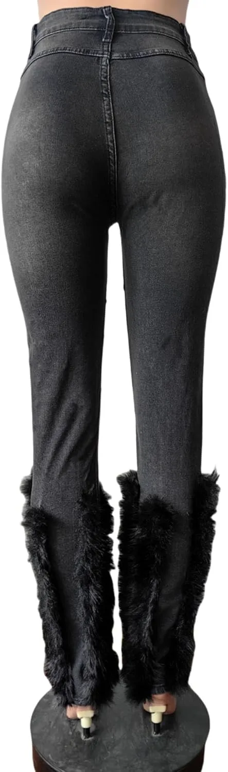 Famnbro Women's Stretch Fluffy Feather Ripped Jeans Pearl Straight Leg Denim Pants High Waisted Jeans