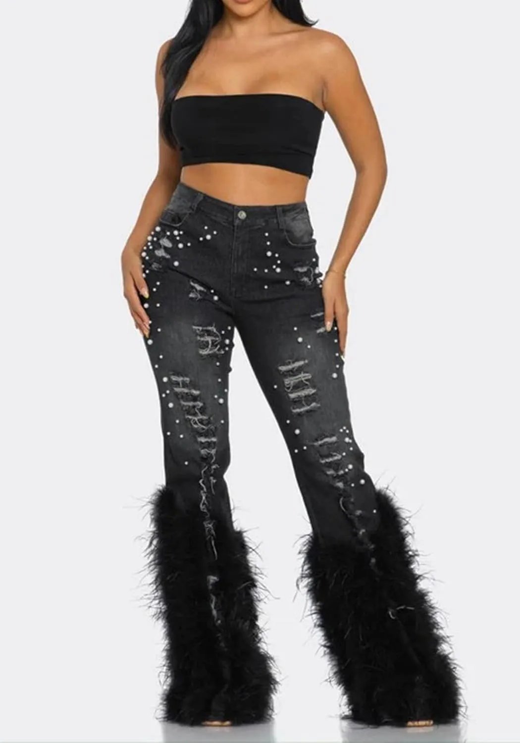 Famnbro Women's Stretch Fluffy Feather Ripped Jeans Pearl Straight Leg Denim Pants High Waisted Jeans