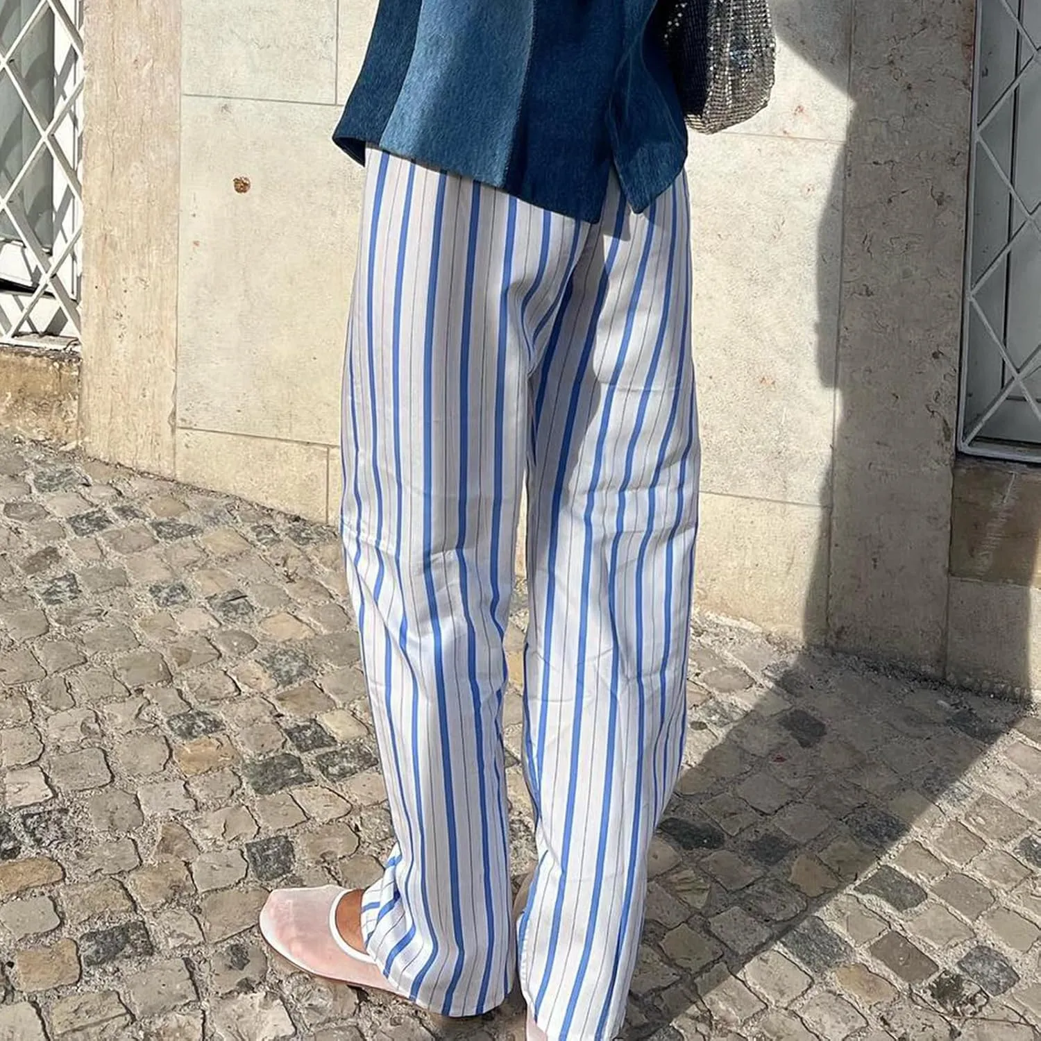 Faretumiya Striped Long Pants Women Elastic Straight Wide Leg Pants Y2k Causal Lounge Drawstring Stripe Trousers Pajama Pant