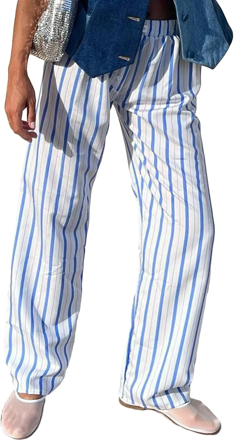 Faretumiya Striped Long Pants Women Elastic Straight Wide Leg Pants Y2k Causal Lounge Drawstring Stripe Trousers Pajama Pant