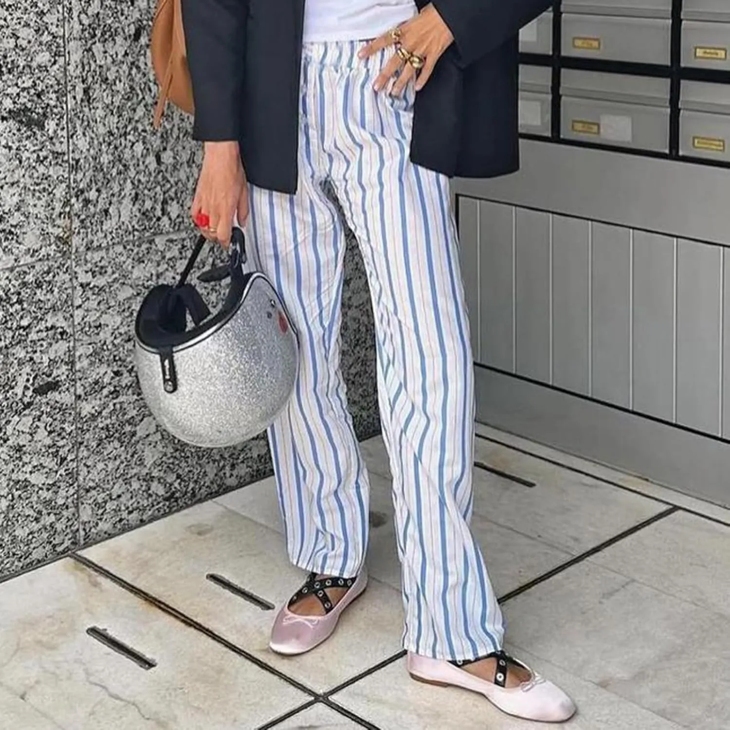 Faretumiya Striped Long Pants Women Elastic Straight Wide Leg Pants Y2k Causal Lounge Drawstring Stripe Trousers Pajama Pant