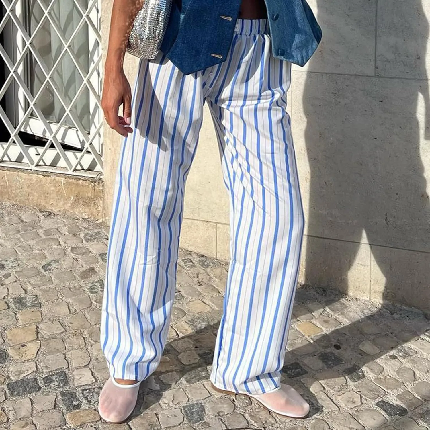 Faretumiya Striped Long Pants Women Elastic Straight Wide Leg Pants Y2k Causal Lounge Drawstring Stripe Trousers Pajama Pant
