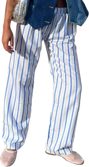 Faretumiya Striped Long Pants Women Elastic Straight Wide Leg Pants Y2k Causal Lounge Drawstring Stripe Trousers Pajama Pant