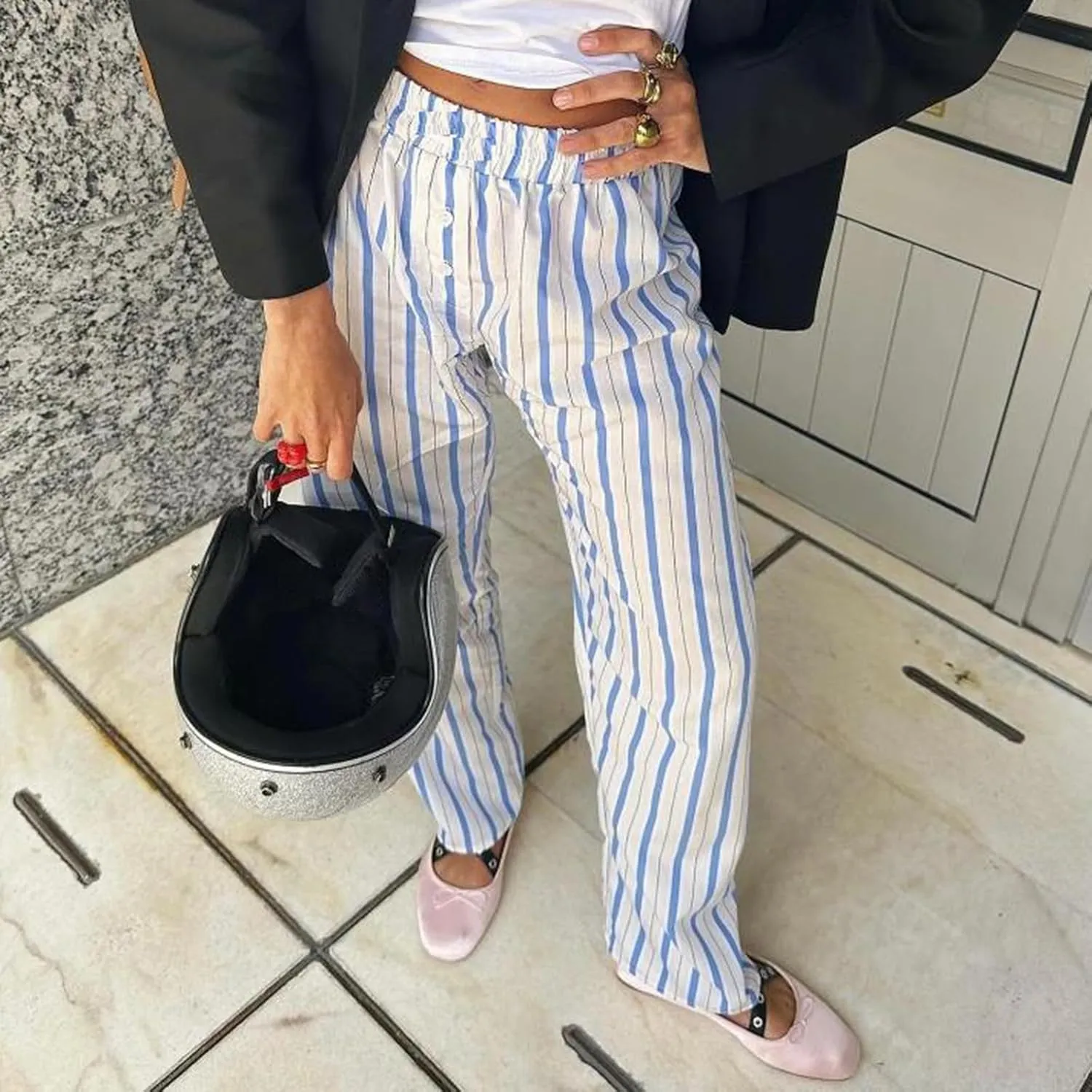 Faretumiya Striped Long Pants Women Elastic Straight Wide Leg Pants Y2k Causal Lounge Drawstring Stripe Trousers Pajama Pant