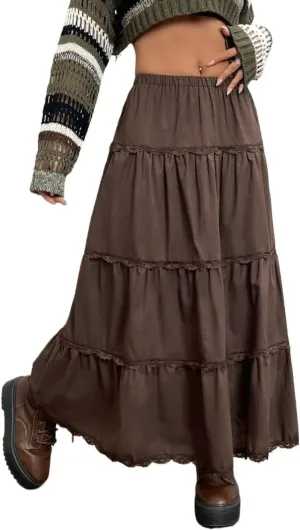 Fashion Beach Skirt Solid Ruffle Hem Lace Trim Long Skirt
