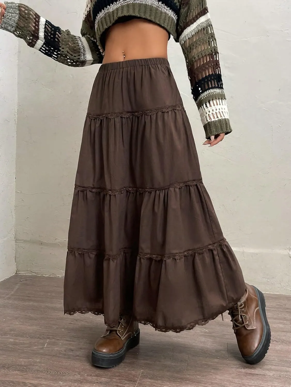 Fashion Beach Skirt Solid Ruffle Hem Lace Trim Long Skirt