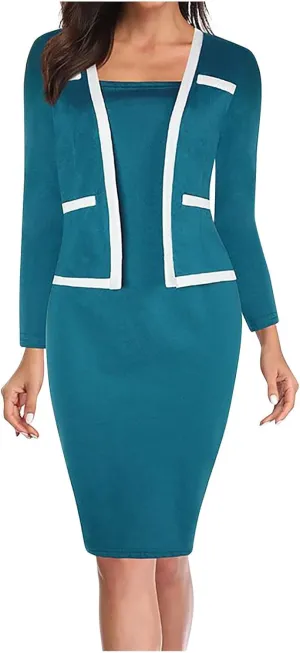 Firzero Women's 3/4 Sleeve Round Neck Midi Dress Summer Bodycon Cocktail Dresses Business Work Office Pencil Hip Wrap Dress
