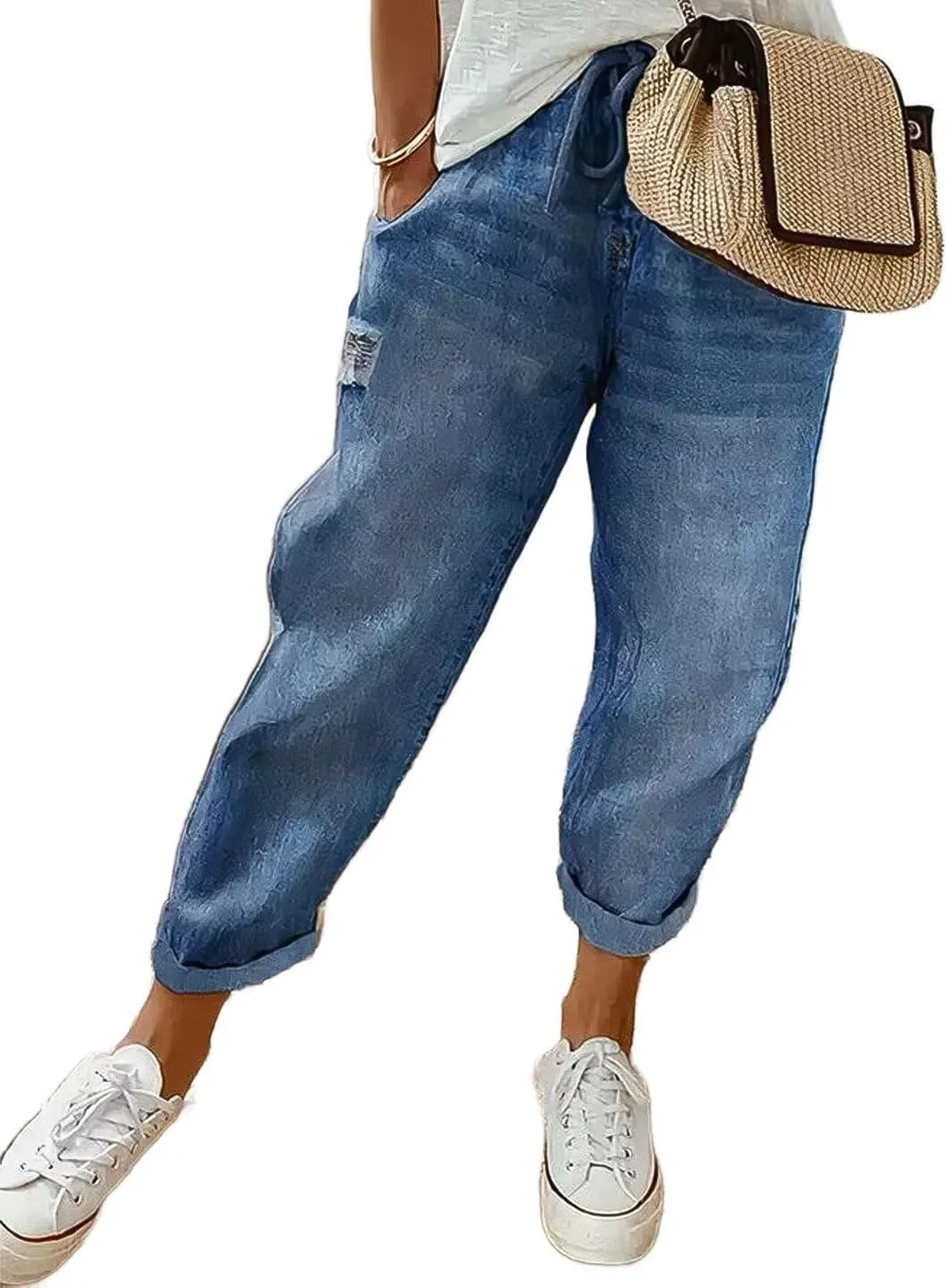 Flamingals Women's Baggy Cropped Jeans Drawstring Mid Rise Boyfriend Carrot Barrel Roll Hem Jeans
