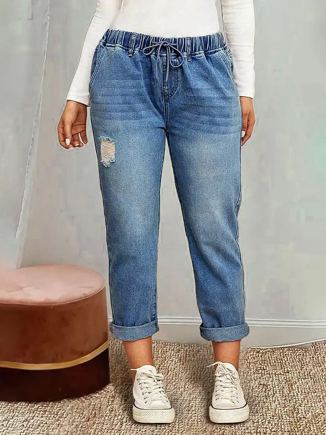 Flamingals Women's Baggy Cropped Jeans Drawstring Mid Rise Boyfriend Carrot Barrel Roll Hem Jeans