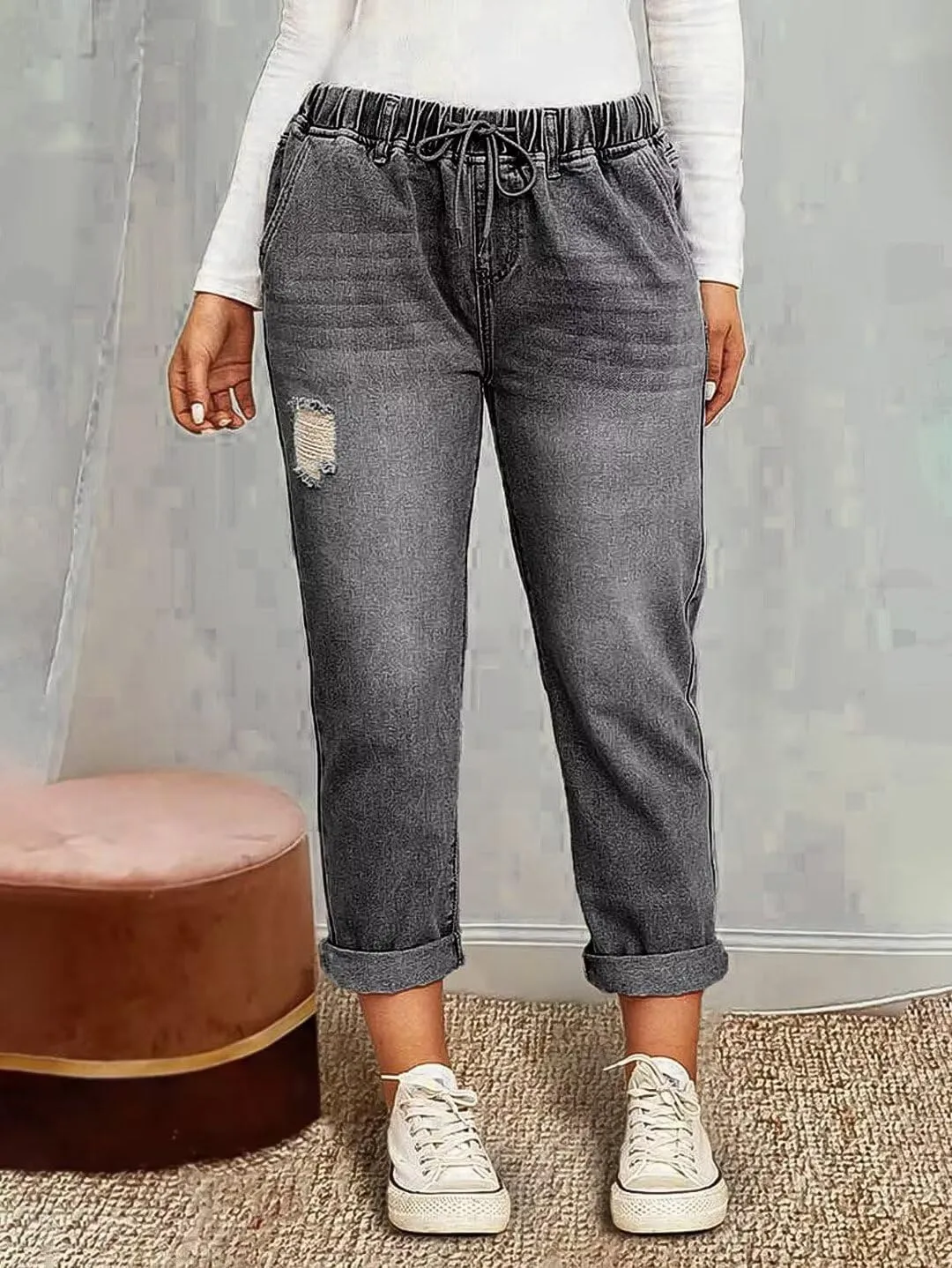 Flamingals Women's Baggy Cropped Jeans Drawstring Mid Rise Boyfriend Carrot Barrel Roll Hem Jeans