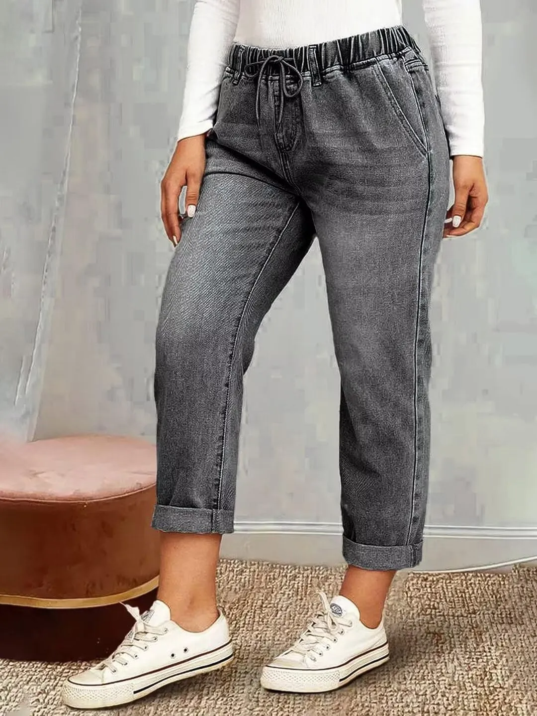 Flamingals Women's Baggy Cropped Jeans Drawstring Mid Rise Boyfriend Carrot Barrel Roll Hem Jeans