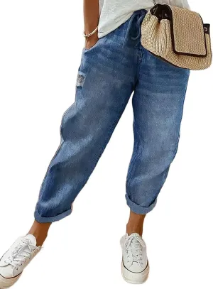 Flamingals Women's Baggy Cropped Jeans Drawstring Mid Rise Boyfriend Carrot Barrel Roll Hem Jeans